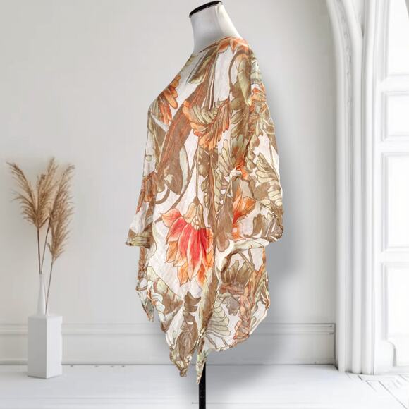 Chicos Gauzy Linen Poncho Size L/XL Orange Brown Floral Print Boho - Picture 4 of 10